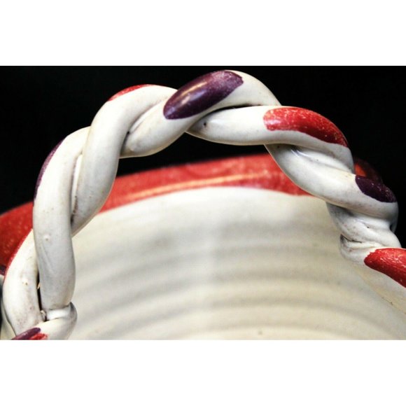 Handmade Artesian Pottery Basket Clay Painted Glazed White Purple Flower Twisted - Picture 5 of 8